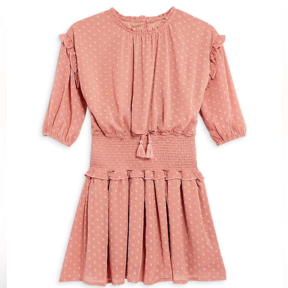 BCBG GIRLS Dusty Rose pink Swiss Dot Smocked Waist Dress 3/4 sleeves 14 kids